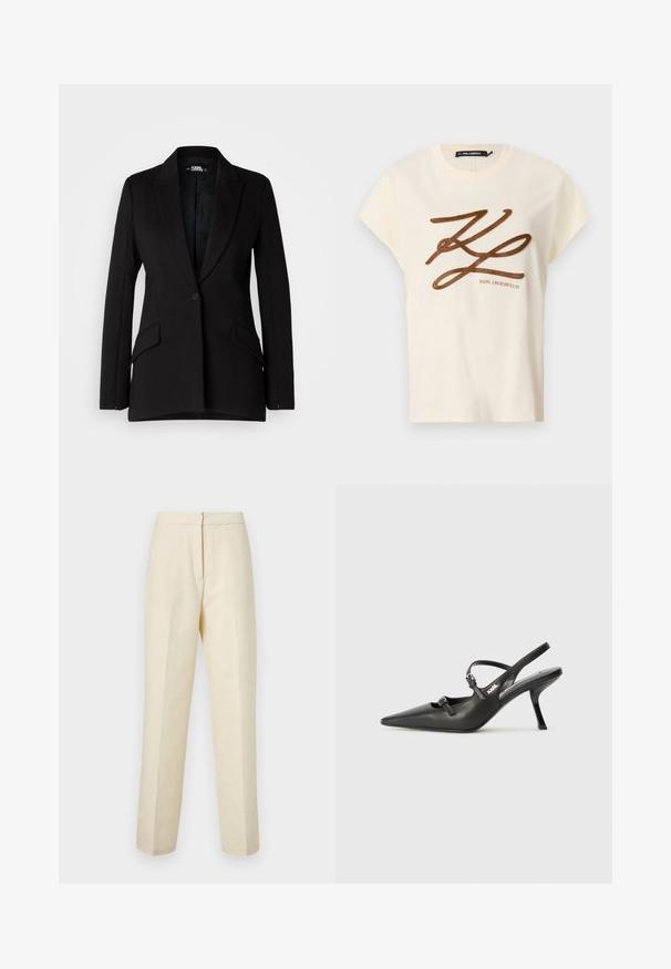 Blazer noir avec un design structuré, revers crantés, fermeture à un bouton, deux poches latérales et texture de tissu lisse.; T-shirt en coton couleur crème à manches courtes, avec un logo brodé marron et un design en script à l'avant.; Pantalons ajustés en crème claire avec un motif floral texturé, présentant une jambe droite et une taille épurée avec une fermeture arrière.; Talons slingback en cuir noir avec un bout pointu, un talon fin et un détail de boucle décorative sur le vamp. Texture lisse et design épuré.