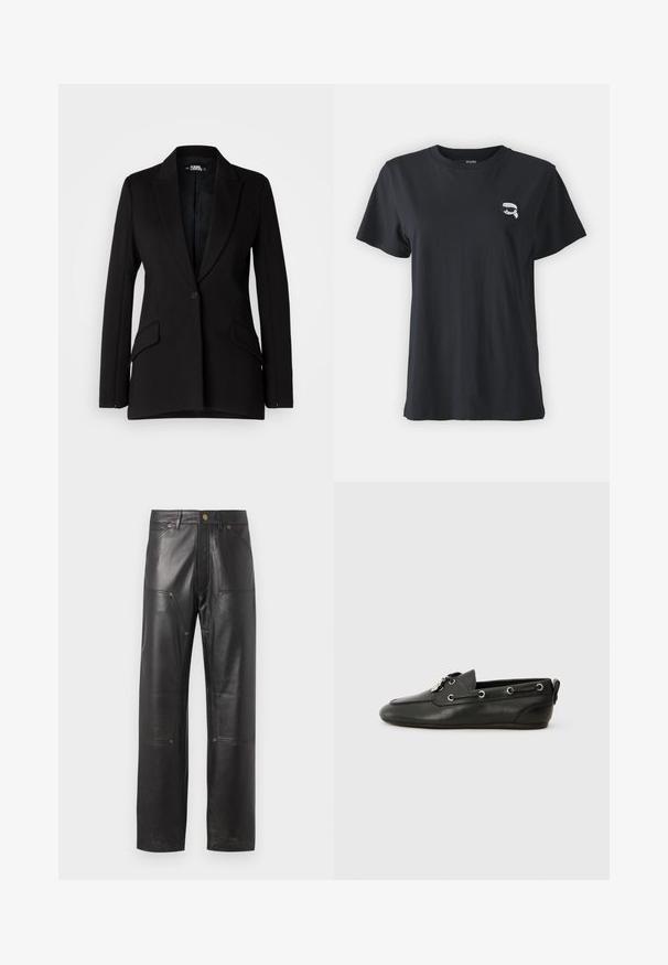Schwarzes Blazer mit strukturiertem Design, Reverskragen, Ein-Knopf-Verschluss, zwei Seitentaschen und glatter Stoffstruktur.; Schwarzes Baumwoll-T-Shirt mit kurzen Ärmeln und rundem Halsausschnitt. Verfügt über ein kleines, weißes Grafikdesign auf der Brust. Glatte Textur, lässige Passform.; Schwarze Lederhosen mit geradem Schnitt, auffälligen Nähten, vier Taschen und kupferfarbenen Hardwaredetails. Glatte Textur.; Schwarze Lederbootsschuhe mit runder Zehenpartie, Schnürung vorne, metallischen Ösen und flacher Sohle. Verfügt über eine kleine Lasche hinten.