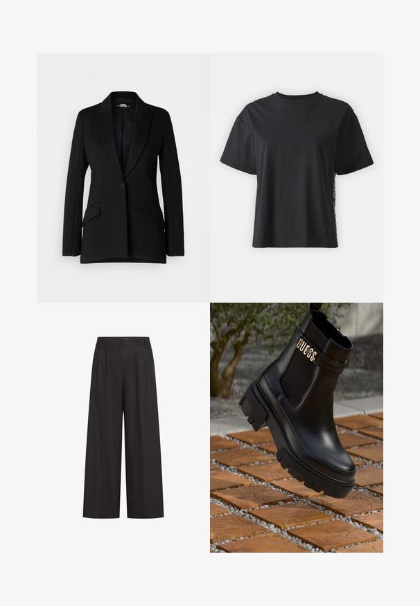 Blazer nero con un design strutturato, rever a sorpresa, chiusura a un bottone, due tasche laterali e texture del tessuto liscia.; T-shirt in cotone nero a maniche corte con una vestibilità rilassata e pannelli laterali a contrasto che presentano piccole scritte e dettagli grafici.; Pantaloni larghi neri a vita alta, con pieghe frontali e una texture morbida. Realizzati in un tessuto leggero.; Stivale alla caviglia in pelle nera con suola in gomma spessa, pannelli laterali in elastico e un accento dorato con il marchio "GUESS".