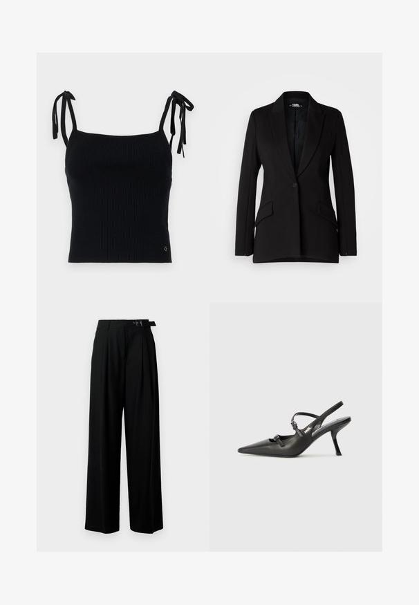 Czarna marynarka o zdefiniowanej konstrukcji, z klapami w kształcie notcha, pojedynczym zapięciem na guzik, dwoma kieszeniami bocznymi oraz gładką fakturą materiału.; Czarny, prążkowany crop top z regulowanymi sznurkami. Gładka tekstura, dopasowany krój i subtelny detal z logo w prawym dolnym rogu.; Czarne spodnie szerokie w nogawkach z wysokim stanem, z plisami z przodu oraz paskiem z klamrą. Wykonane z gładkiego, lekkiego materiału.; Czarne skórzane sandały na obcasie typu slingback z wydłużonym noskiem, smukłym obcasem i ozdobnym zapięciem na cholewce. Gładka tekstura i elegancka forma.