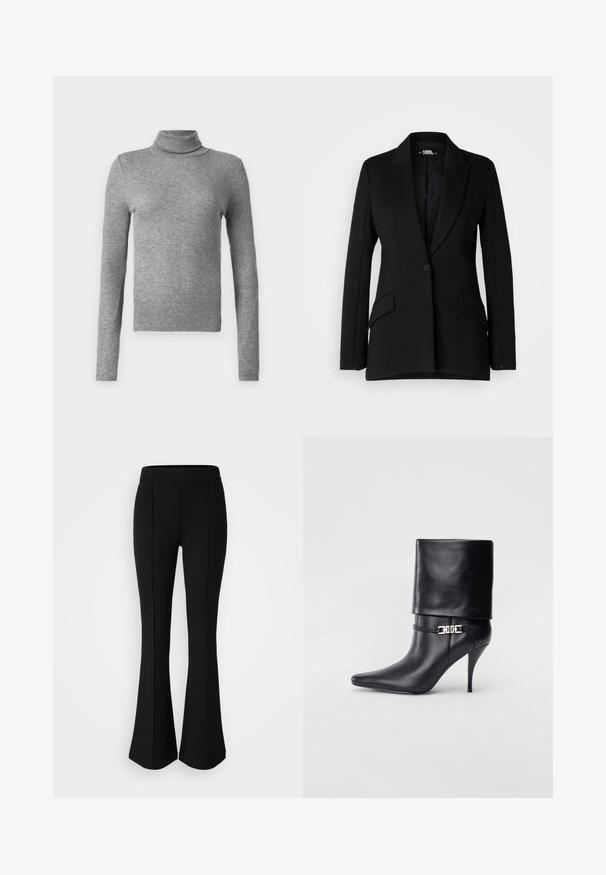 Schwarzes Blazer mit strukturiertem Design, Reverskragen, Ein-Knopf-Verschluss, zwei Seitentaschen und glatter Stoffstruktur.; Grauer Rollkragenpullover aus geripptem Stoff, mit langen Ärmeln und taillierter Passform. Einfach und vielseitig, ideal zum Schichten oder als eigenständiges Kleidungsstück.; Schwarze, ausgestellte Hose aus einem dehnbaren Material mit glatter Textur, ausgestattet mit Nahtdetails an der Vorderseite für ein zusätzliches Designelement.; Schwarze Leder-Ankle-Boots mit spitzer Zehenpartie, hohen Stiletto-Absätzen, umgeschlagenem Schaft und einem goldenen dekorativen Schnallen-Detail an der Knöchel.