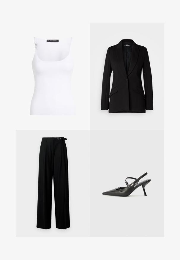 Zwarte blazer met een gestructureerd ontwerp, notch revers, enkele knoopsluiting, twee zijzakken en een gladde stoftextuur.; Witte tanktop met een ronde halslijn. Gemaakt van gemercer stof. Voorzien van smalle schouderbanden en een merklabel op de achterkant.; Zwarte wijde broek met hoge taille, plooien aan de voorkant en een riem met een gesp. Gemaakt van glad, lichtgewicht stof.; Zwarte leren slingback hakken met een spitse neus, slanke hak en decoratieve gespdetails op de bovenkant. Gladde textuur en een strakke uitstraling.