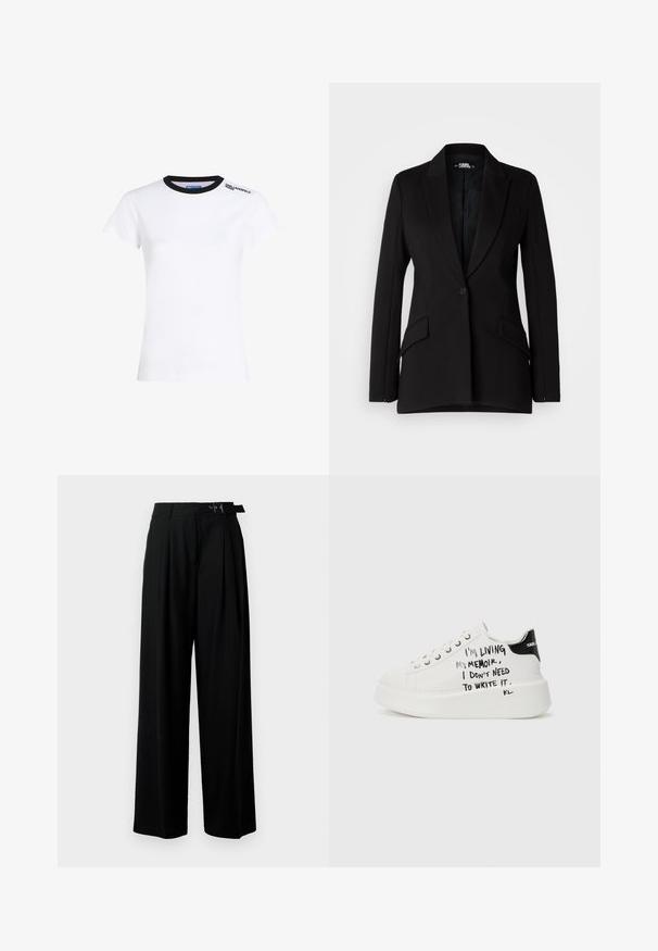 Čierny blazer so štruktúrovaným dizajnom, klopovými revermi, jedným gombíkom, dvoma bočnými vreckami a hladkou textúrou látky.; Biely bavlnený tričko s krátkymi rukávmi, čierny rebrovaný golier a čierne logá textu na ľavom pleci. Klasický strih, hladká textura.; Čierne široké nohavice s vysokým pásom, skladmi vpredu a opaskom s prackou. Vyrobené z hladkej, ľahkej textílie.; Biele platformové tenisky s čiernymi akcentmi, vybavené textúrovanou podrážkou a ručne písaným textom na bočných stranách. Hladký kožený materiál.