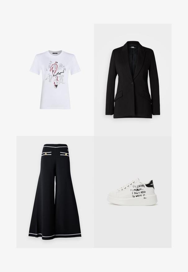 Melnā žakete ar strukturētu dizainu, izgrieztiem iegriezumiem, vienu pogu, divām sānu kabatām un gludu auduma tekstūru.; Balts kokvilnas T-krekls ar melniem un sarkaniem mākslinieciskajiem zīmējumiem par apģērbiem un figūrām, kā arī ar roku rakstītiem piezīmēm un parakstiem.; Melnas platas bikses ar baltām apmalēm, kurām ir zelta pogu detaļas aizmugurējos kabatās un gluda, teksturēta auduma apdare.; Baltie platformas kedas ar melniem akcentiem, ar teksturētu zoli un roku rakstītu tekstu sānos. Gludas ādas materiāls.
