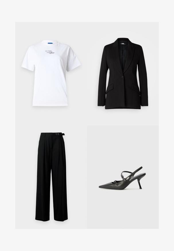 Mustmustärki struktureeritud disainiga, nööpaukudega, ühe nööbiga kinnitusega, kahe küljetasku ja siledast kangast tekstuuriga.; Valge puuvillane T-särk lühikeste varrukatega ja ümarate kaelustega. Esiküljel on musta käärimisega kiri "EI KUNAGI AEG ARMASTUSELE".; Mustad kõrge vöökohaga mustad laiad püksid, millel on ees voldid ja vöö, millel on pandla. Valmistatud siledast ja kergest kangast.; Must musta slingback kontsad, terava nina, peenike konts ja dekoratiivne pandla detail peal. Sile tekstuur ja stiilne disain.