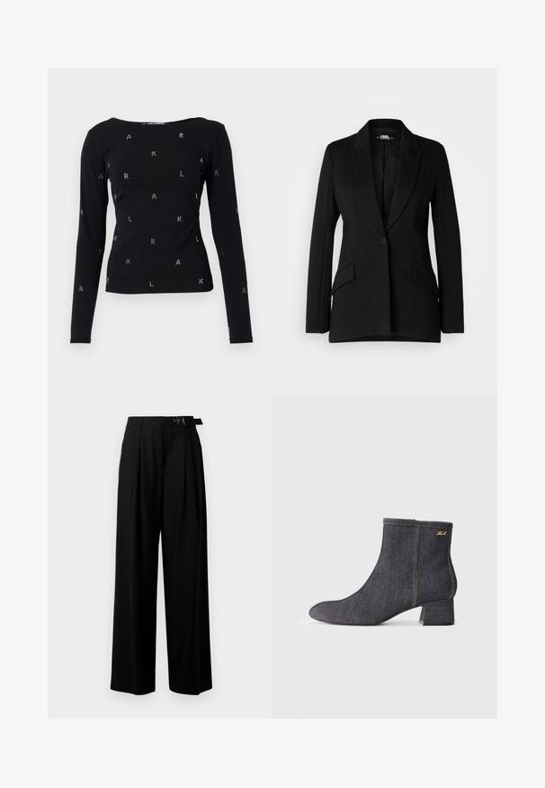 Schwarzes Blazer mit strukturiertem Design, Reverskragen, Ein-Knopf-Verschluss, zwei Seitentaschen und glatter Stoffstruktur.; Schwarzes Langarmshirt aus weichem Material mit einem Rundhalsausschnitt und verstreuten Strassbuchstaben "A", "K" und "L".; Schwarze weit geschnittene Hosen mit hoher Taille, Falten an der Vorderseite und einem Gürtel mit Schnalle. Hergestellt aus glattem, leichtem Stoff.; Dunkelblaue Jeans-Stiefelette mit spitzem Zehen, Blockabsatz, sichtbaren Nähten und einem dezenten Markenlogo an der Seite. Glatte Textur.