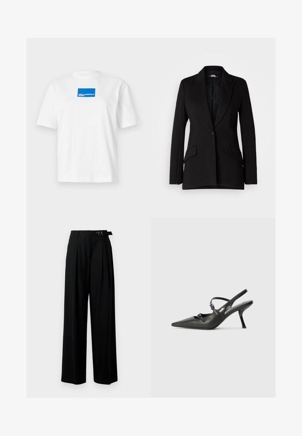 Juodas švarkas su struktūrizuotu dizainu, notch apykaklėmis, vieno mygtuko uždarymu, dviem šoninėmis kišenėmis ir lygiomis audinio tekstūromis.; Balta medvilninė marškinėliai su trumpomis rankovėmis ir apvaliu iškirpimu. Centre esantis mėlynas stačiakampio formos logotipas su užrašu "KARL LAGERFELD JEANS".; Juodos plačios kojų kelnės su aukštu liemeniu, priekinėmis klostėmis ir diržu su sagtimi. Pagamintos iš lygaus, lengvo audinio.; Juodi odiniai slingback kulniukai su smailiu pirštu, siauru kulnu ir dekoratyvine sagtimi viršuje. Lygus paviršius ir elegantiškas dizainas.