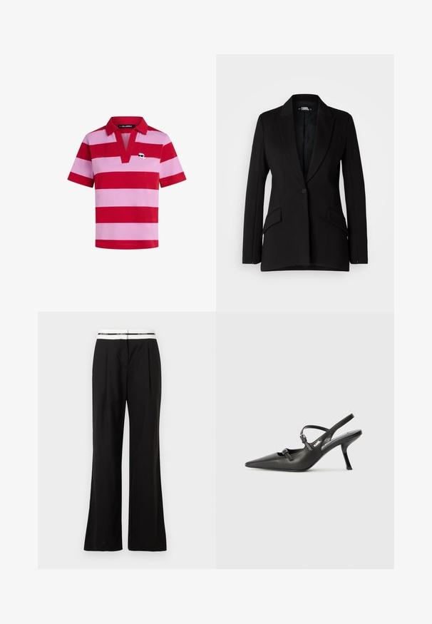 Juodas švarkas su struktūrizuotu dizainu, notch apykaklėmis, vieno mygtuko uždarymu, dviem šoninėmis kišenėmis ir lygiomis audinio tekstūromis.; Raudonai ir rožiniai dryžuoti polo marškiniai su apykakle, trumpomis rankovėmis ir dekoratyvine logotipo dizainu kairėje krūtinės pusėje.; Juodos laisvos kelnės su baltu elastingu juosmeniu ir firminių ženklų. Pagamintos iš glotnaus audinio su nedideliu blizgesiu.; Juodi odiniai slingback kulniukai su smailiu pirštu, siauru kulnu ir dekoratyvine sagtimi viršuje. Lygus paviršius ir elegantiškas dizainas.