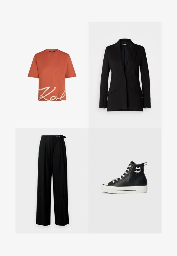 Črn blazer s strukturno zasnovo, z izrezom na reverjih, enojno zapiranje s gumbom, dvema stranskima žepoma in gladko teksturo tkanine.; T-maica v rjavi barvi iz bombaža s kratkimi rokavi in okroglim izrezom, na sprednji strani pa bele grafike z napisom "Karl". Gladka tekstura.; Črne široke hlače z visokim pasom, gubami spredaj in pasom z zaponko. Narejene so iz gladkega, lahkega materiala.; Črne visoke športne copate iz usnja z belo gumijasto podplatom, z grafiko mačke v očalih na zunanji strani.