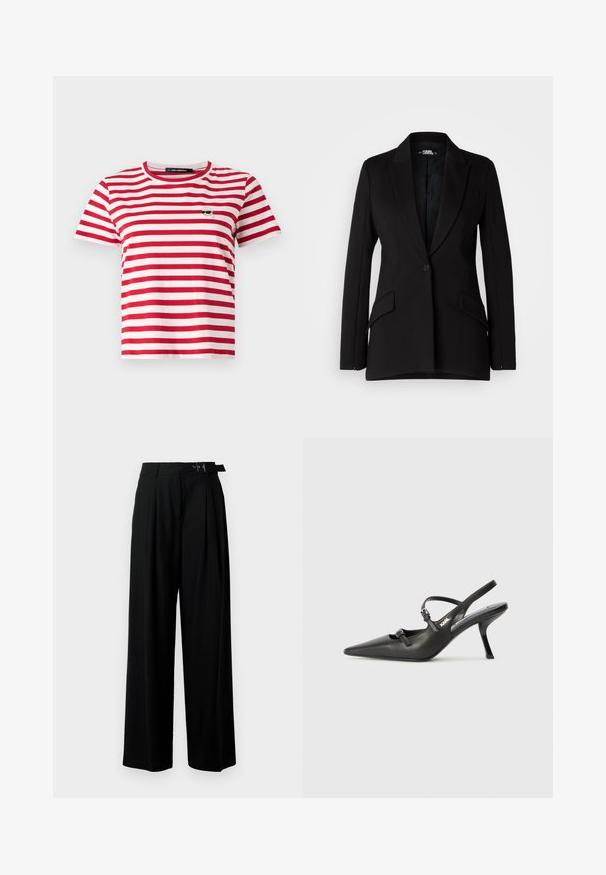 Blazer nero con un design strutturato, rever a sorpresa, chiusura a un bottone, due tasche laterali e texture del tessuto liscia.; Maglietta a maniche corte a righe rosse e bianche con scollatura rotonda; presenta un piccolo design ricamato sul lato sinistro del petto.; Pantaloni neri a gamba larga con vita alta, pieghe nella parte anteriore e una cintura con fibbia. Realizzati in tessuto liscio e leggero.; Scarpe slingback nere in pelle con punta affilata, tacco sottile e dettaglio decorativo a fibbia sulla tomaia. Texture liscia e design elegante.