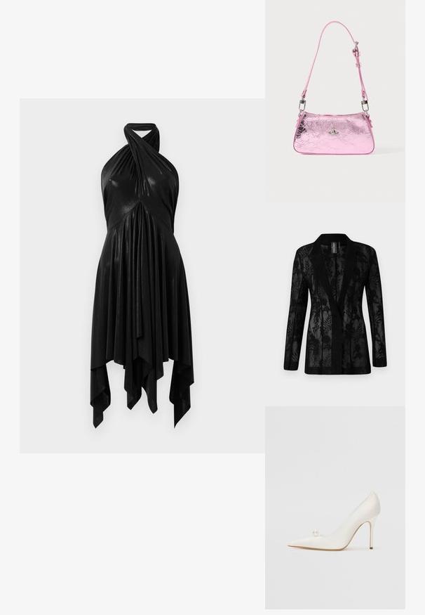 Crni sako s prozirnim čipkastim prekrivačem s cvjetnim uzorcima, ovratnikom s reza i dugim rukavima. Teksturirana tkanina s krojem koji prati liniju tijela.; Crna haljina na bretelama s drapiranim dizajnom. Izrađena od sjajnog materijala, s uvijenim dekolteom i asimetričnom suknjom. Glatka tekstura.; Bijela cipela s visokim potpeticama sa špicastim vrhom i sjajnim završetkom, koja ima ukrasni detalj od bisera sa strane i vitku štiklu.; Ružičasta metalik torba s naboranom teksturom, podesivim remenom i srebrnim metalnim detaljima. Na prednjoj strani nalazi se mali amblem.
