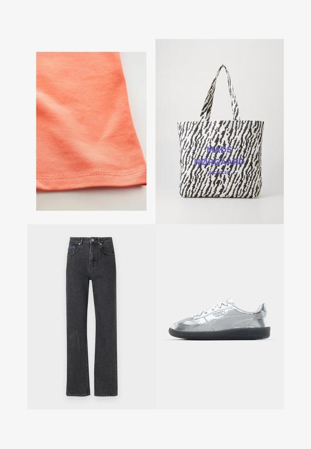 Zwarte blazer met pinstriping, met een losse pasvorm, sluiting met één knoop, notch-lapels en zijzakken. Gemaakt van een gladde stof met een gestructureerd ontwerp.; Korte mouwen t-shirt in koraaloranje, gemaakt van gladde katoenstof met een lichte stretch. Heeft een gebogen zoom en fijne stiksels.; Zwarte spijkerbroek met rechte pijpen, gemaakt van denim. Deze jeans heeft een hoge taille, vijf zakken, tonale stiksels en een lichte vervaging aan de voorkant.; Zilveren sneakers met een gladde, reflecterende bovenkant, voorzien van zwarte rubberen zolen en een klassiek vetersluiting ontwerp. Puma-logo aan de zijkant.; Gerecycled stoffen tote bag met een zwart-wit zigzagpatroon en paarse tekst met de opschrift "MADS NØRGAARD RECYCLED." Voorzien van twee handvatten.; Gouden metaalketting met een gestructureerde blauwe zeester hanger, hangend aan een dunne, ronde draadketting met een sluiting.