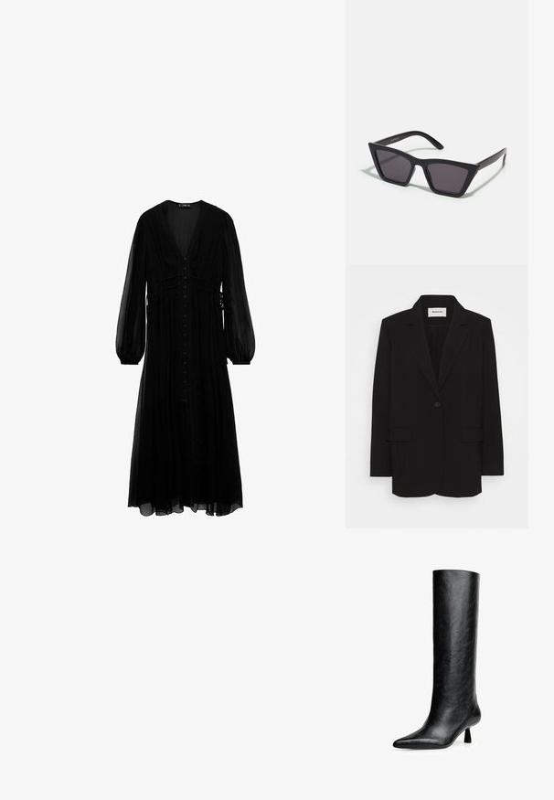 Zwarte blazer van soepel stof, met een enkele knoopsluiting, gelapte revers en twee voorkruiden. Minimalistisch ontwerp met een relaxte pasvorm.; Zwarte maxi-jurk van doorzichtig materiaal, met lange mouwen, een diepe V-hals, knopen aan de voorkant en geplooide details bij de taille.; Zwarte kniehoge laars gemaakt van gestructureerd leer. Heeft een spitse neus en een kleine, vloeiende hak. Strakke, gladde vormgeving met minimale accenten.; Zwarte, hoekige zonnebril met grijze lenzen; gemaakt van plastic, met dikke armen met een gladde oppervlakte en zonder zichtbare hardware.