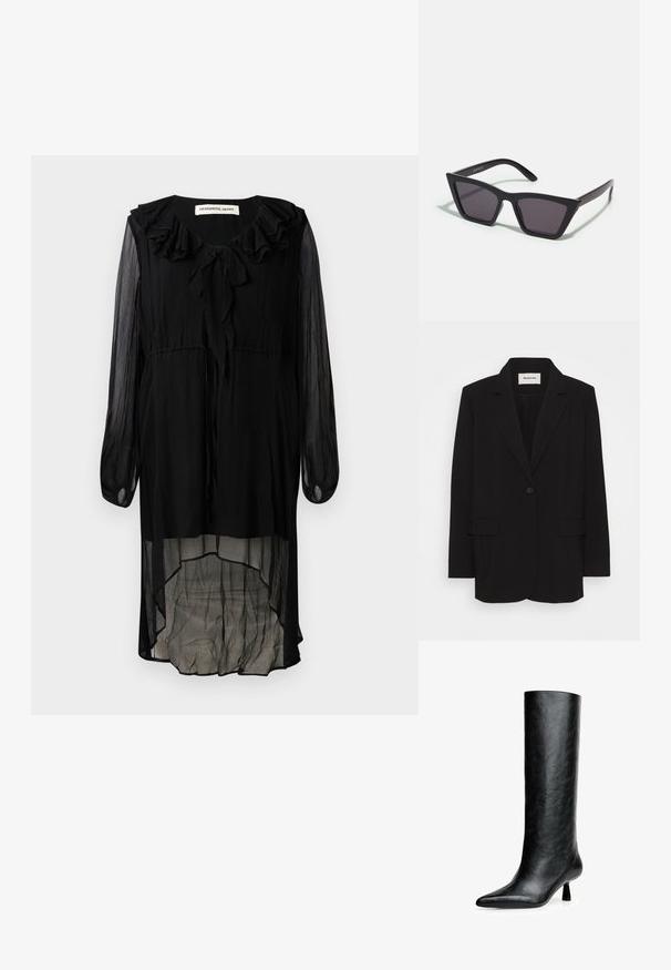 Fekete blézer sima anyagból, egysoros gombolással, kihajtható gallérral és két elülső zsebbel. Minimalista dizájn, laza szabással.; Fekete sifon ruha fodros dekoltázzsal, hosszú ujjal és magas-alacsony szegéllyel. Nyakkendős rész és átszűrődő, lágy anyag jellemzi.; Fekete, térd fölé érő csizma textúrált bőrből készült. Kiemelkedő jellemzője a hegyes orr és a kis, ívelt sarok. Elegáns, sima dizájn minimális díszítésekkel.; Fekete, szögletes napszemüveg szürke lencsékkel; műanyagból készült, vastag karokkal, sima felülettel és látható hardver nélkül.