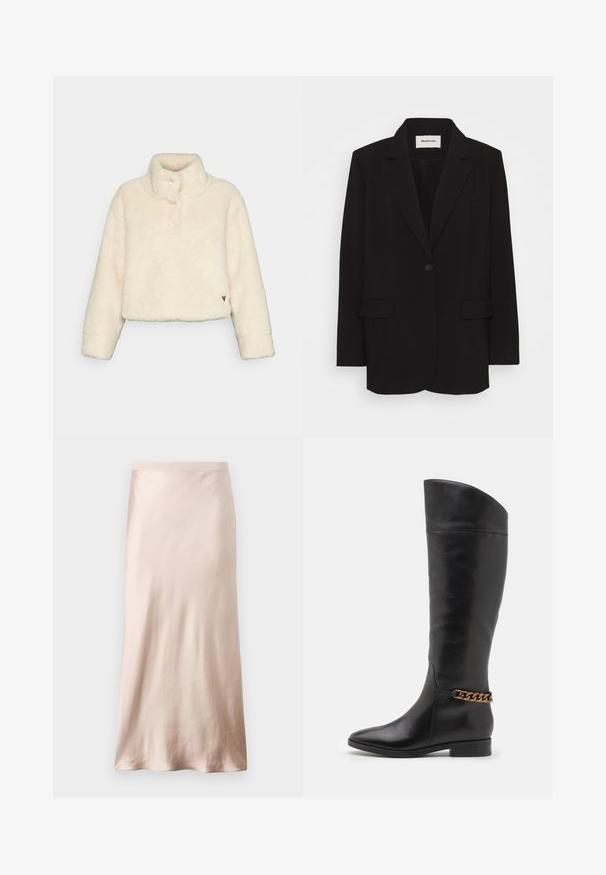 Black blazer made of smooth fabric, featuring a single button closure, notched lapels, and two front pockets. Minimalist design with a relaxed fit.; Cropped faux fur jacket in off-white with a high collar, button closure, and subtle texture. Features logo accent on the hem.; Black camisole with thin adjustable straps, lace trim along the neckline, and a smooth satin texture. Simple and elegant design.; Satin midi skirt in light beige, featuring a fitted waist, smooth texture, and a flared hem, with no visible embellishments or pockets.; Tall black leather boots with a sleek design, pointed toe, and a gold chain accent at the ankle. Low block heel. Smooth texture.