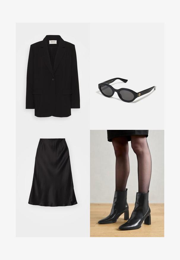 Blazer noir en tissu lisse, avec une fermeture à un bouton, des revers crantés et deux poches avant. Design minimaliste avec une coupe relaxée.; Camisole noire avec des bretelles ajustables fines, bordée de dentelle le long de l'encolure et d'une texture satinée lisse. Design simple et élégant.; Jupe en satin noir avec une texture lisse, une forme évasée et une taille élastique. Design minimaliste, sans motifs ni accents supplémentaires.; Bottines en cuir noir avec un bout pointu, un talon carré épais et un design élégant. Présente des panneaux latéraux élastiques pour un enfilage facile.; Lunettes de soleil ovales noires avec des verres sombres et une monture en plastique brillant. Présente un logo doré sur la branche, offrant un design épuré et moderne.; Sac à main en cuir noir de forme rectangulaire, doté d'une seule ansse structurée, de quincaillerie argentée et d'une fermeture éclair. Texture lisse.