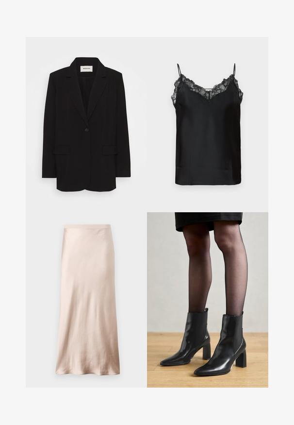 Czarna marynarka wykonana z gładkiego materiału, z pojedynczym zapięciem na guzik, klapami w kształcie notcha oraz dwoma przednimi kieszeniami. Minimalistyczny design z luźnym krojem.; Czarny top na ramiączkach z cienkimi, regulowanymi paskami, koronkowym wykończeniem przy dekolcie i gładką satynową fakturą. Prosty i elegancki design.; Sukienka midi z satyny w jasnym beżu, z dopasowaną talią, gładką fakturą i rozkloszowanym dołem, bez widocznych zdobień czy kieszeni.; Czarne skórzane botki za kostkę z ostro zakończonym noskiem, masywnym kwadratowym obcasem i eleganckim designem. Posiadają elastyczne boczne panele dla łatwego zakładania.