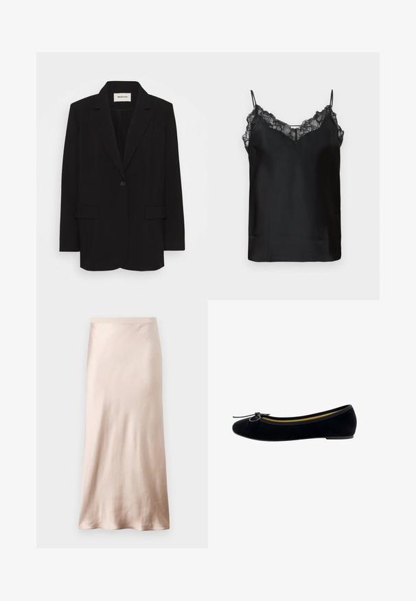 Blazer nero in tessuto liscio, con chiusura a un bottone, rever a punta e due tasche frontali. Design minimalista con vestibilità rilassata.; Camisola nera con sottili spalline regolabili, bordo in pizzo lungo il collo e una texture satinata liscia. Design semplice ed elegante.; Gonna midi in satin beige chiaro, con vita aderente, texture morbida e orlo svasato, senza decorazioni visibili o tasche.; Pantofole da balletto in velluto nero con punta rotonda, piccola applicazione a fiocco sul davanti e una fodera interna gialla a contrasto.