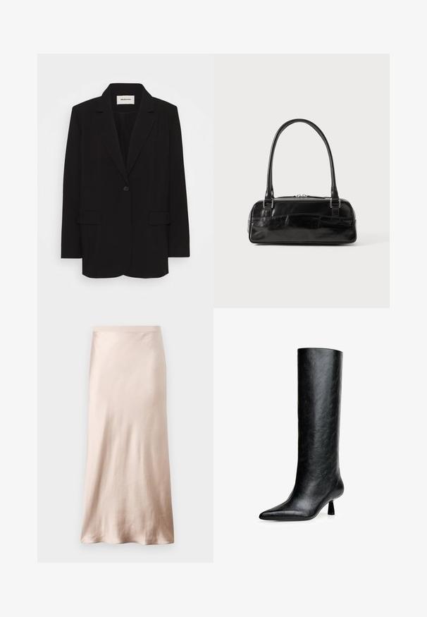 Sort blazer lavet af glat stof, med en enkelt knaplukning, stiklagte klipper og to forlommer. Minimalistisk design med en afslappet pasform.; Sort camisole med tynde justerbare stropper, blondekant langs udskæringen og en glat satin tekstur. Enkel og elegant design.; Satin midi-nederdel i lyse beige, med en tætsiddende talje, glat tekstur og en udvidet nederkant, uden synlige dekorationer eller lommer.; Sort knæhøje støvler lavet af struktureret læder. Har en spids tå og en lille, udvidet hæl. Slankt, glat design med minimale accenter.; Sort læderhåndtaske med rektangulær form, der har et enkelt struktureret håndtag, sølvhardware og lynlås-lukning. Glat tekstur.