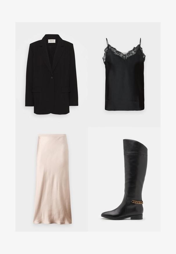 Mustjakk, mis on valmistatud siledast kangast, ühe nööbiga kinnitusega, klapiga kraega ning kahe esikotiga. Minimalistlik disain ja lõdvestatud istuvus.; Must mustripsiga must kampsun, millel on pitsääris kaeluses ja sile satiiniekraan. Lihtne ja elegantne disain.; Satiinist midi-seelik helesbeezis, millel on kõrvaltihe talje, sile tekstuur ja laienev alläär, ilma nähtavate kaunistuste või taskuteta.; Kõrged mustad nahast saapad, millel on stiilne disain, terav nina ja kuldne kett aktsent pahkluul. Madal plokk-konts. Sile tekstuur.
