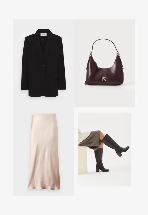 Čierny blazer vyrobený z hladkej tkaniny, s jedným gombíkom na zapínanie, s vykrojenými klopami a dvoma prednými vreckami. Minimalistický dizajn s voľnejším strihom.; Čierny top s tenkými nastaviteľnými ramienkami, čipkovým lemovaním pozdĺž výstrihu a hladkou saténovou textúrou. Jednoduchý a elegantný dizajn.; Saténová midi sukňa v svetlej béžovej farbe, so priliehavým pásom, hladkou textúrou a rozšíreným lemom, bez viditeľných ozdôb alebo vreciek.; Hnedé kožené vysoké čižmy po kolená s obdĺžnikovou špičkou, robustným podpätkom a bočným zipsom. Hladká textúra s lesklým povrchom.; Bordový kožený kabelka s zakriveným tvarom, zlaté akcenty na hardvéri a zipsovým uzáverom. Obsahuje odnímateľný ramenný popruh.
