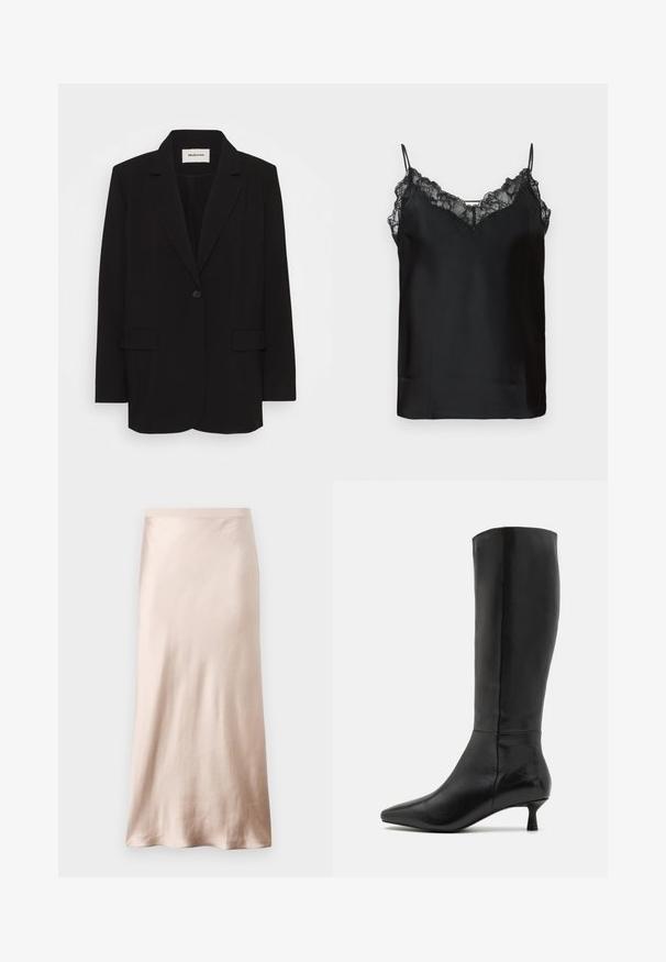 Črn blazer iz gladkega materiala, ki ima enojno zapenjanje s gumbom, zraznene reverje in dva sprednja žepa. Minimalističen dizajn z sproščenim krojem.; Črna kamizola z tankimi nastavljivimi naramnicami, čipkastim robom ob dekolteju in gladko satensko teksturo. Preprost in eleganten dizajn.; Satin midi krilo v svetli bež barvi, z oblikovanim pasom, gladko teksturo in razširjenim robom, brez vidnih okraskov ali žepov.; Zign Škornji - black
