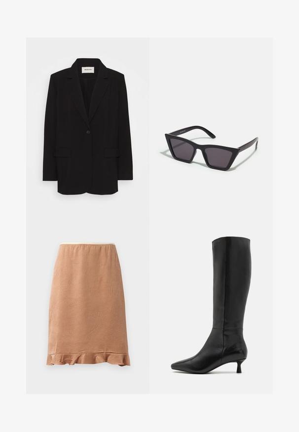Černý blazer vyrobený z hladké tkaniny, s uzavíráním na jeden knoflík, klopovými límci a dvěma předními kapsami. Minimalistický design s volnějším střihem.; Černý top s tenkými nastavitelnými ramínky, krajkovým lemem kolem výstřihu a hladkým saténovým povrchem. Jednoduchý a elegantní design.; Hnědá texturovaná sukně s volánovým lemem, vyrobená z měkké látky, která se lehce splývá, navržená s elastickým pasem pro pohodlí.; Zign Vysoká obuv - black; Černé, ostré sluneční brýle s šedými skly; vyrobené z plastu, s mohutnými rameny a hladkým povrchem bez viditelného hardwaru.
