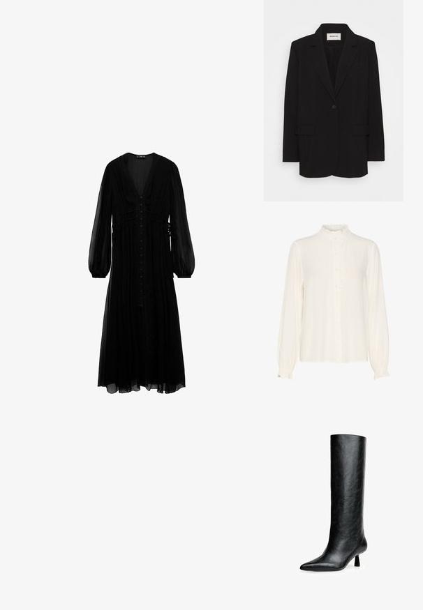 Zwarte blazer van soepel stof, met een enkele knoopsluiting, gelapte revers en twee voorkruiden. Minimalistisch ontwerp met een relaxte pasvorm.; Witte blouse van gladde stof, met een rimpelige hoge hals, knoopsluitingen aan de voorzijde en lange mouwen met gathered manchetten.; Zwarte maxi-jurk van doorzichtig materiaal, met lange mouwen, een diepe V-hals, knopen aan de voorkant en geplooide details bij de taille.; Zwarte kniehoge laars gemaakt van gestructureerd leer. Heeft een spitse neus en een kleine, vloeiende hak. Strakke, gladde vormgeving met minimale accenten.