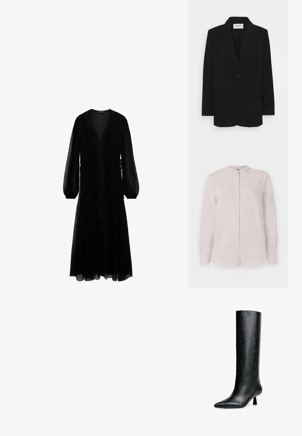 Crni sako od glatkog materijala, s jednim dugmetom, reverima i dva prednja džepa. Minimalistički dizajn s ležernim krojem.; Svijetloružičasta košulja dugih rukava s mandarin ovratnikom, zatvaranjem na gumbe i glatkom teksturom. Nema vidljivih uzoraka ili motiva.; Crna maksi haljina od prozirnog materijala, s dugim rukavima, dubokim V-izrezom, dugmadi sprijeda i nabranim detaljima u struku.; Crne čizme do koljena od teksturirane kože. Imaju špicasti vrh i mali, rašireni potplat. Elegantnog su, glatkog dizajna s minimalnim naglascima.