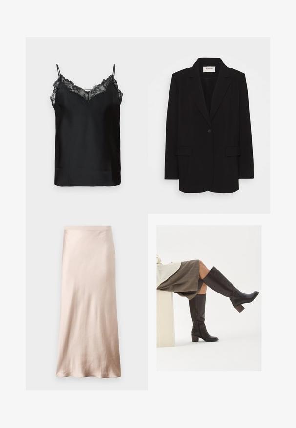 Černý blazer vyrobený z hladké tkaniny, s uzavíráním na jeden knoflík, klopovými límci a dvěma předními kapsami. Minimalistický design s volnějším střihem.; Černý top s tenkými nastavitelnými ramínky, krajkovým lemem kolem výstřihu a hladkým saténovým povrchem. Jednoduchý a elegantní design.; Saténová midi sukně v světlé béžové barvě, s dobře padnoucím páskem, hladkým povrchem a rozšířeným lemem, bez viditelných ozdob nebo kapes.; Hnědé kožené vysoké boty po kolena se čtveratou špičkou, robustním podpatkem a bočním zipem. Hladký povrch s lesklým povrchem.