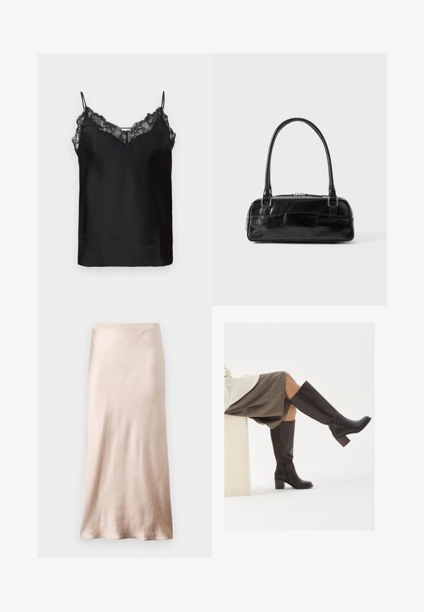 Sort blazer laget av glatt stoff, med en enkelt knappelukking, klippede revers og to frontlommer. Minimalistisk design med en avslappet passform.; Svart cami med tynne justerbare stropper, blondekant langs halslinjen, og en glatt satengtekstur. Enkelt og elegant design.; Satin midi skjørt i lys beige, med en tettsittende midje, glattere tekstur, og en utsvingt hem, uten synlige dekorasjoner eller lommer.; Brune skinn kneehøye støvler med firkantet tå, kraftig hæl og glidelås på siden. Glatt tekstur med en polert overflate.; Svart lærveske med rektangulær form, med en enkelt strukturert håndtak, sølvfargede detaljer og glidelås lukking. Glatt overflate.