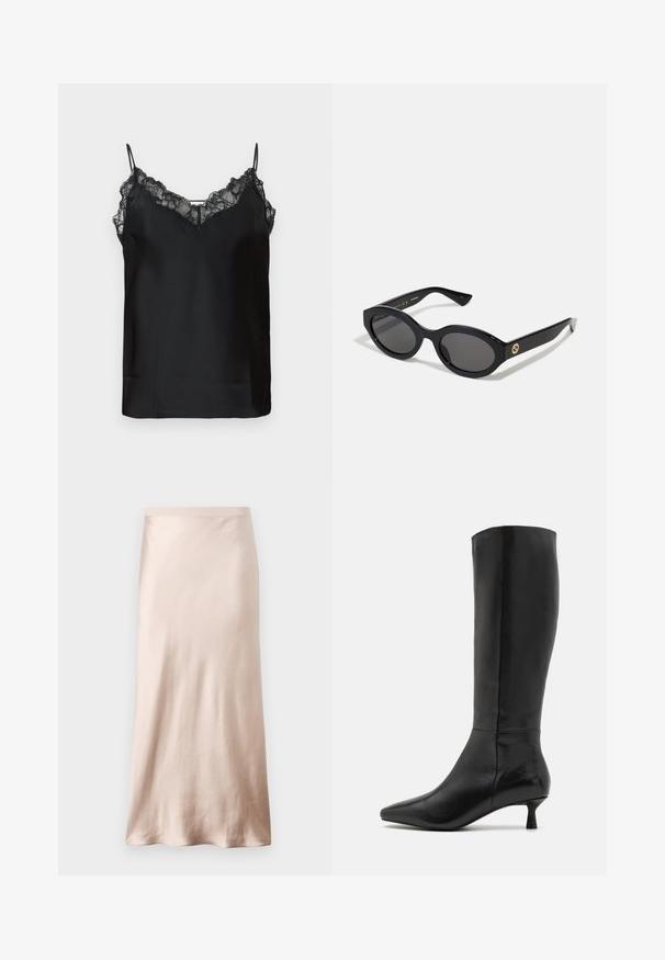 Black blazer made of smooth fabric, featuring a single button closure, notched lapels, and two front pockets. Minimalist design with a relaxed fit.; Black camisole with thin adjustable straps, lace trim along the neckline, and a smooth satin texture. Simple and elegant design.; Satin midi skirt in light beige, featuring a fitted waist, smooth texture, and a flared hem, with no visible embellishments or pockets.; Zign Boots - black; Black oval sunglasses with dark lenses and glossy plastic frame. Features gold logo on the temple, offering a sleek and modern design.; Black leather handbag with a rectangular shape, featuring a single structured handle, silver hardware, and zip closure. Smooth texture.