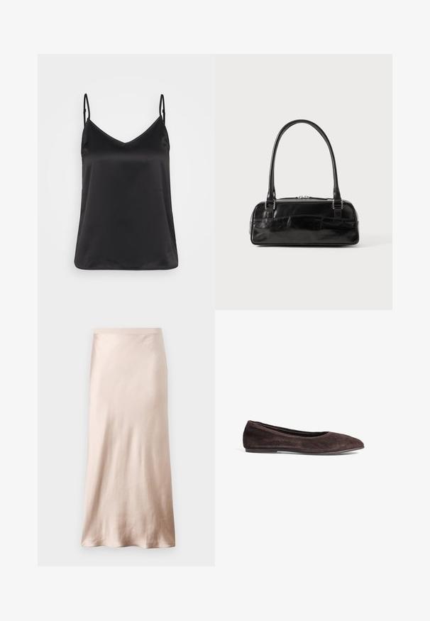 Mustjakk, mis on valmistatud siledast kangast, ühe nööbiga kinnitusega, klapiga kraega ning kahe esikotiga. Minimalistlik disain ja lõdvestatud istuvus.; Mustmust satiinist kampsuun V-kaelusega, õhukeste reguleeritavate rihmadega ja sileda, läikiva tekstuuriga. Ilma mustrite ja lisakaunistusteta.; Must mustripsiga must kampsun, millel on pitsääris kaeluses ja sile satiiniekraan. Lihtne ja elegantne disain.; Satiinist midi-seelik helesbeezis, millel on kõrvaltihe talje, sile tekstuur ja laienev alläär, ilma nähtavate kaunistuste või taskuteta.; Pruun suede ballett-kingad terava ninaga ja madala profiiliga. Omab siledat tekstuuri ja minimalismi disaini. Ei sisalda nähtavat riistvara ega aktsente.; Must must beebkott, millel on ristkülikuline kuju, ühekordne tahke käepide, hõbedased detailid ja lukuga sulgemine. Sile tekstuur.