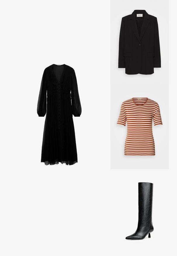 Crni sako od glatkog materijala, s jednim dugmetom, reverima i dva prednja džepa. Minimalistički dizajn s ležernim krojem.; Prugasta majica s kratkim rukavima, koja se sastoji od naizmjeničnih boja rđe i krem, s округлим izrezom i mekom, teksturiranom tkaninom.; Crna maksi haljina od prozirnog materijala, s dugim rukavima, dubokim V-izrezom, dugmadi sprijeda i nabranim detaljima u struku.; Crne čizme do koljena od teksturirane kože. Imaju špicasti vrh i mali, rašireni potplat. Elegantnog su, glatkog dizajna s minimalnim naglascima.