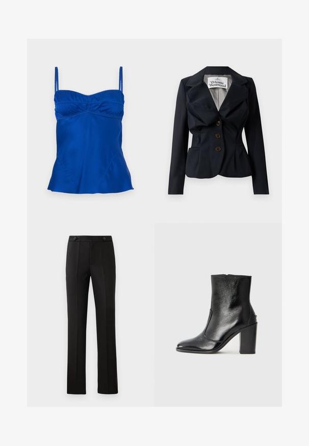 Námořnický blazer vyrobený z hladké tkaniny, s peplum pasem, velkými klopami a třemi hnědými knoflíky vpředu. Viditelná etiketa Vivienne Westwood.; Saténová modrá košilka s nastavovacími ramínky, nařaseným výstřihem a rozšířeným lemem. Hladká textura se jemnými švy.; Černé elegantní kalhoty s rovnými nohavicemi, dvěma předními kapsami, zapínáním na knoflík a sklady na přední straně. Hladká struktura tkaniny.; Černé kožené kotníkové boty s hladkou texturou, špičatou špičkou a robustním vysokým podpatkem. Mají boční otvor a minimalistický design.