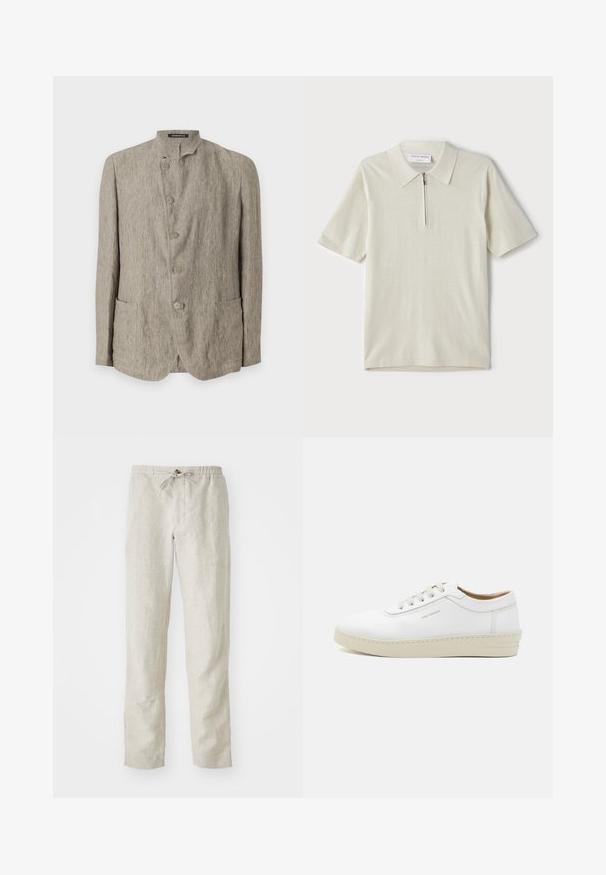 Emporio Armani Sacou - beige scuro melange; Tricou polo cu mânecă scurtă, de culoare bej deschis, cu guler cu fermoar. Confecționat dintr-un material fin, are un design simplu și modern, fără modele.; Pantaloni din in bej deschis, cu un design drept, talie elastică, șnur ajustabil și fără modele sau accesorii vizibile.; Sneaker alb din piele cu un finisaj texturat, vârf rotund, talpă din cauciuc bej și șase ochiuri pentru șireturi gri, având un logo subtil pe lateral.