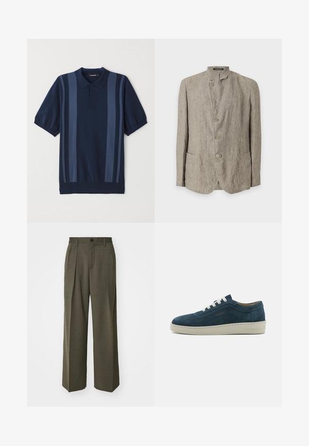 Emporio Armani Švarkas - beige scuro melange; Tamsiai mėlynas trumpomis rankovėmis polo marškinėliai su dvipusiais ruožais, trijų mygtukų apykakle ir banguotais kraštais. Pagamintas iš minkštos, tekstūruotos medžiagos.; Filippa K WIDE TROUSERS - Kelnės - driftwood; Mėlyni zomšiniai sportbačiai su suapvalintu priekiu, baltais raišteliais ir guminėmis padais. Yra subtilių siuvinėjimų ir ženklas ant šono.