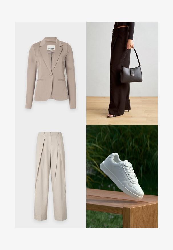 Bež proovitud pintsak ühe nupuga, sakiliste kraede ja kahe esisekuga. Valmistatud siledast keskmise kaaluga kangast.; Ivohvi kootud sviiter, millel on V-kaelus tumedate äärtega, vertikaalne soonik ja pikad varrukad soonikuga mansettidega. Mugav ja lõdva lõikega disain.; Beežid kohandatud püksid volditud esiosaga, laiad jalad ja sile tekstuur. Omab klassikalist vöökohta ja küljetaskuid.; Valged sneakerd, millel on sile sünteetiline ülemine osa, väikeste aukudega varvaskast, lamedad paelad ja tekstuuriga tald, eksponeeritud puidust pinnal.; Must musta kott, millel on struktureeritud kuju, sile tekstuur ja metallist klamber. Kombineeritud laiate mustade pükstega ja avatud varvaste sandaalidega puidust põrandal.