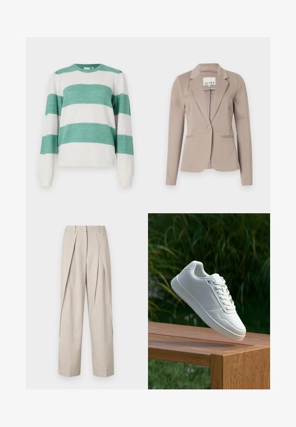 Bež proovitud pintsak ühe nupuga, sakiliste kraede ja kahe esisekuga. Valmistatud siledast keskmise kaaluga kangast.; Triibuline sviiter, kus vahelduvad türkiis ja valge värv, ümar kaelus, pikad varrukad ja pehme, tekstuuriga kangas.; Beežid kohandatud püksid volditud esiosaga, laiad jalad ja sile tekstuur. Omab klassikalist vöökohta ja küljetaskuid.; Valged sneakerd, millel on sile sünteetiline ülemine osa, väikeste aukudega varvaskast, lamedad paelad ja tekstuuriga tald, eksponeeritud puidust pinnal.