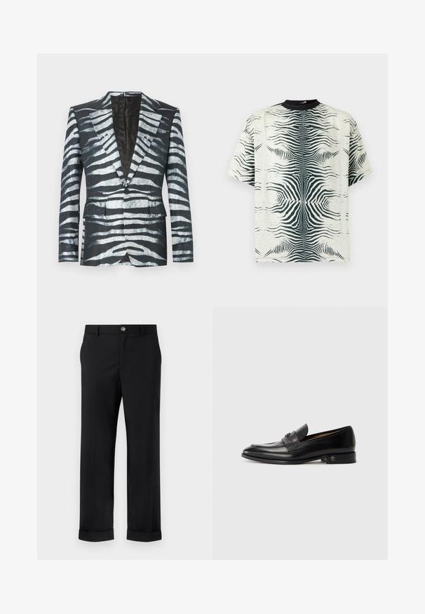 Fekete blézer zebramintázattal, fehér és szürke színekben, egysoros gombos záródással, két elülső zsebbel és kontrasztos béléssel.; Rövid ujjú póló krém színű anyagból, fekete zebra csíkos mintázattal, kerek nyakkivágással és laza szabással.; Fekete nadrág sima anyagból, egyenes szárú kivitelben, elülső redővel, gombos záródással és feltekert szegéllyel az alsó részen.; Fekete bőr férfi loafer, díszítő pánttal és alacsony sarokkal, az oldalán egy kis fémtáblával.