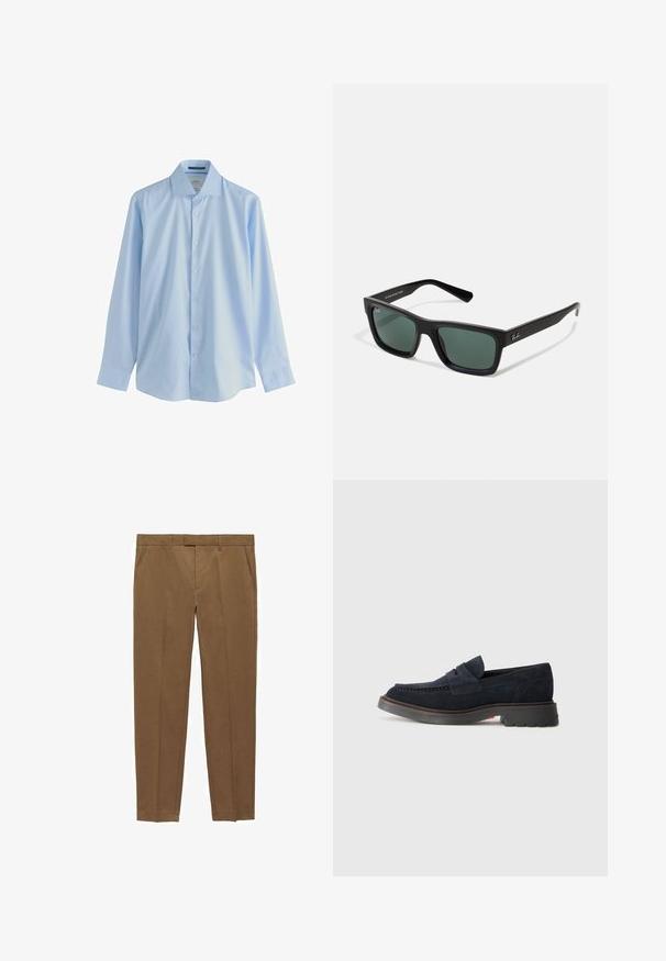 Brun ullblandad kavaj med slagkrage, två stora framfickor, tvåknappsstängning och en mjuk foder.; Ljusblå långärmad skjorta med knäppning framtill, tillverkad av ett mjukt tyg, med en spetsig krage och sju knappar framtill. Skjortan har en avslappnad passform och manschetter på ärmarna.; Bruna skräddarsydda byxor i en slät tygtyp, med flat framtill, raka ben, bälteshällor och sidfickor.; Marinblå mockaskor i loafermodell med rund tå, dekorativ sömnad och en gummisula med en lätt höjd. Hållbart material och design.; Svarta rektangulära solglasögon med gröna linser, i en matt yta, raka skalmar och Ray-Ban-logotypen på sidan.