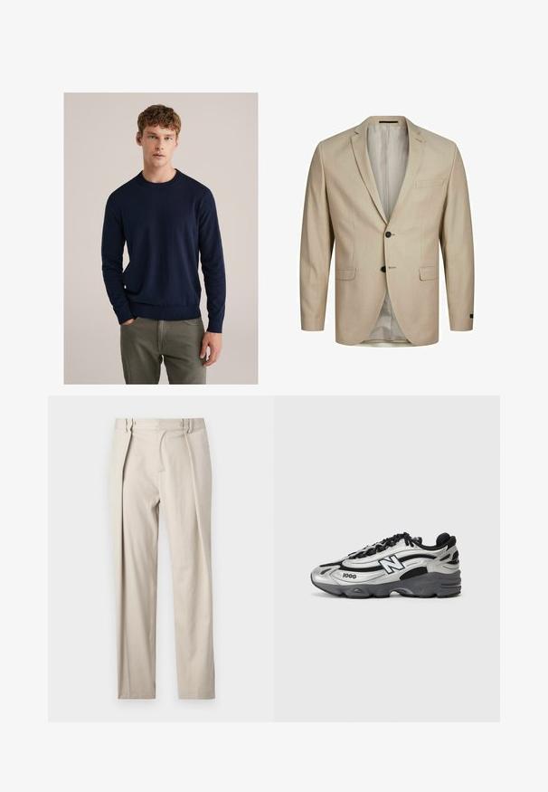 Beige blézer, texturált anyagból, egysoros fazonban, kivágott hajtókával, két gombbal és egy zsebbel a mellrészen. Bélése van.; Sötétkék kötött pulóver hosszú ujjakkal, bordás mandzsettákkal és szegéllyel, kerek nyakkivágással, sima textúrával, szürke nadrággal párosítva.; Fiatal férfi világoskék sapkában, napjelvényt ábrázoló logóval, sötétkék pólóban és kék farmernadrágban áll, kezét zsebébe dugva, oldalra nézve.; Beige színű, sima felületű nadrág, egyenes lábbal, két elülső redővel, oldalsó zsebekkel és övhurkokkal. Gyűrődésálló anyag.; Ezüst és fekete sportcipők, hálós felsőrésszel, párnázott talppal, fűzős kialakítással és oldalsó márkázással.