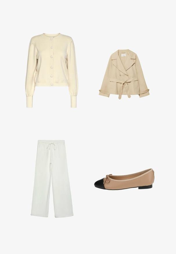 Béžový trenčkot s prekrývajúcim sa dizajnom, dvojradovými gombíkmi, širokými klopami, zaväzovacím opaskom v páse a rukávmi s návinom a gombíkovými akcentmi.; Krémový pletený kardigán s okrúhlym výstrihom, dlhými rukávmi, rebrovanými manžetami a zapínaním na gombíky s veľkými, hladkými gombíkmi.; Biela blúzka s dlhým rukávom, širokým výstrihom a zhromaždenými detailmi na zadnej strane. Hladká textúra, priliehavý strih.; Biele nohavice s širokými nohavicami vyrobené z mäkkej tkaniny. Majú elastický pás s šnúrkou a hladký povrch. Žiadne viditeľné vzory ani kovania.; Baleríny z béžovej kože s čiernou špičkou. Obsahujú prednú mašľu a hladký povrch. Nízky profil s gumovou podrážkou.