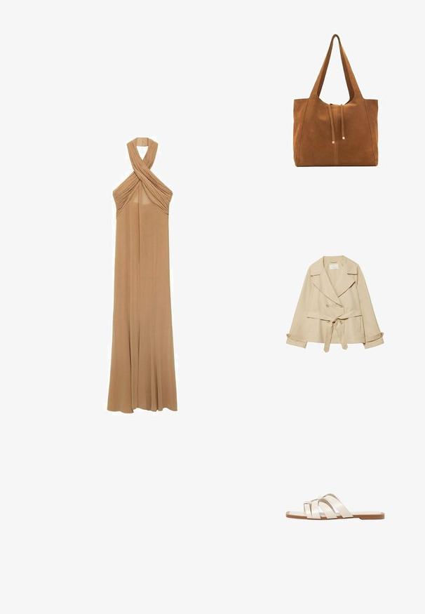 Bež trench kaput s dizajnom omotavanja, duplim kopčanjem gumba, širokim reverima, remenom na struku i rukavima koji se mogu podići s detaljima na gumbima.; Halterska haljina od mekog bež materijala, s nabranim detaljima oko izreza i lepršavim, haljinu do poda.; Ravne sandale s smeškom od gume, dizajnirane s tri preklapajuće bele kožne trake i malim detaljem mašne u sredini.; Smeđa antilop torba za ruke s dva duga remena, zatvaranje na vezicu i minimalistički dizajn. Glatka tekstura i bez vidljivih metalnih elemenata.