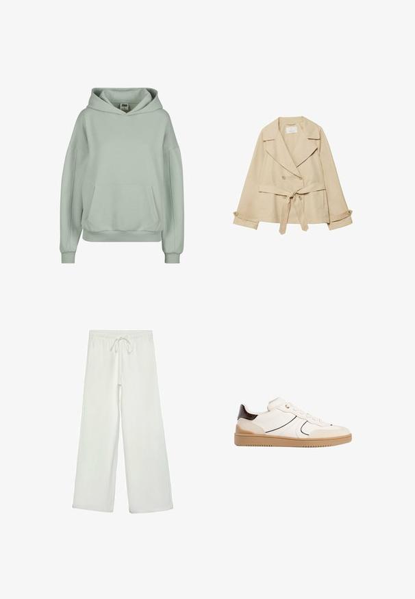 Cappotto trench beige con design avvolgente, bottoni doppi, ampi revers, cintura con nodo in vita e maniche arrotolate con dettagli a bottoni.; Felpa verde chiaro con tasca a marsupio, polsini e orlo a coste, e un ampio cappuccio regolabile. Realizzata in un tessuto morbido e confortevole.; Pantaloni bianchi a gamba larga realizzati in un tessuto morbido. Presentano un elastico in vita con cordino e una consistenza liscia. Senza motivi visibili o accessori.; Stradivarius Sneakers basse - white