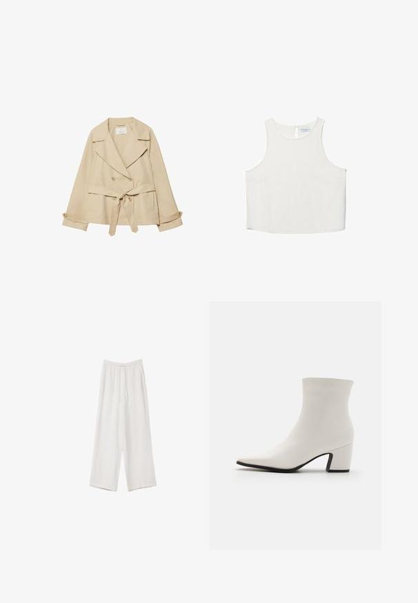Beige trench coat dengan desain belitan, kancing ganda, kerah lebar, ikat pinggang di pinggang, dan lengan digulung dengan aksen kancing.; Valkoinen hihaton paita, jossa on pyöreä pääntie, hienovarainen tekstuuri, avaustakki ja suora helma.; Valkoiset leveälahkeiset housut kevyestä kankaasta. Ominaisuuksiin kuuluu elastinen vyötärö, jossa on nauhakuuluma ja sivutaskut. Sileä rakenne.; RAID DELPHIE - Klassiset nilkkurit - white