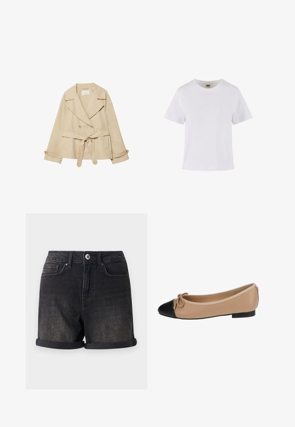 Béžový trenčkot s obepínacím designem, dvouřadým zapínáním, širokými klopami, opaskem na zavázání v pase a vyhrnovacími rukávy s knoflíkovými detaily.; Bílý bavlněný tričko s krátkými rukávy, kulatým výstřihem a rovný střih. Hladká textura, jednoduchý design, bez viditelných vzorů nebo akcentů.; Černé džíny šortky s ohrnutým lemem, pěti kapsami a předním zapínáním na knoflík. Materiál má mírně vybledlý vzhled.; Béžové baleríny z kůže s černým špičkovým dílem. Obsahují detail mašle na přední straně a hladký povrch. Nízký profil s gumovou podrážkou.