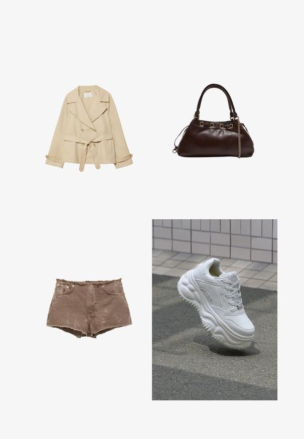 Cappotto trench beige con design avvolgente, bottoni doppi, ampi revers, cintura con nodo in vita e maniche arrotolate con dettagli a bottoni.; Set di due maglie a collo alto, in bianco e nero. Maniche corte, in morbido cotone e design aderente. Senza fantasie né grafiche.; Shorts in denim marrone con orlo sfilacciato, design a cinque tasche e dettagli in metallo. Il materiale appare leggermente rovinato con una superficie strutturata.; Sneaker in pelle bianca con suola chunky, dettagli testurizzati e chiusura con lacci. Presenta accenti sagomati e una finitura liscia.; Borsa a mano in pelle marrone scuro con finitura liscia, caratterizzata da una forma strutturata, accessori in tono oro e doppi manici con un accentuazione a catena.