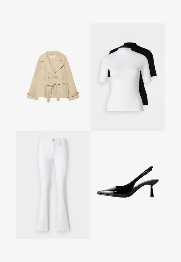 Beige trenchcoat med en omslagdesign, dubbelknapplång, breda slag, knytbälte i midjan och uppvikta ärmar med knappdetaljer.; Set med två figursydda tubtröjor i vitt och svart. Kort ärm, slät bomullstyg och kroppsnära design. Ingen mönstring eller grafik.; Vita denim flarebyxor med hög midja, med kontrastsömmar, framfickor och dragkedja. Slät, robust tygtextur.; Svart lackläder slingback pumps med spetsig tå, urklippta sidor, justerbart vristband och en tunn, elegant klack.