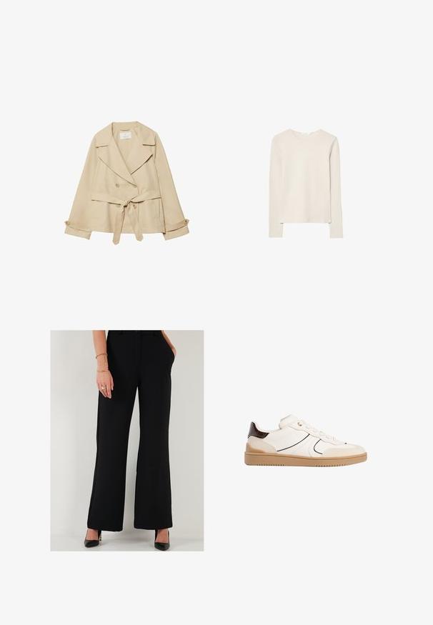 Beige trenchcoat med et omslagsdesign, dobbeltknaplukning, brede revers, bælte i taljen og oprullede ærmer med knapdetaljer.; Lys beige langærmet top lavet af blød stof, med rund halsudskæring og en afslappet pasform med lige kant og minimal syning detaljer.; Sorte brede bukser lavet af glat stof med forlommer, der har en tætsiddende talje og en knaplukning foran.; Stradivarius Sneakers - white